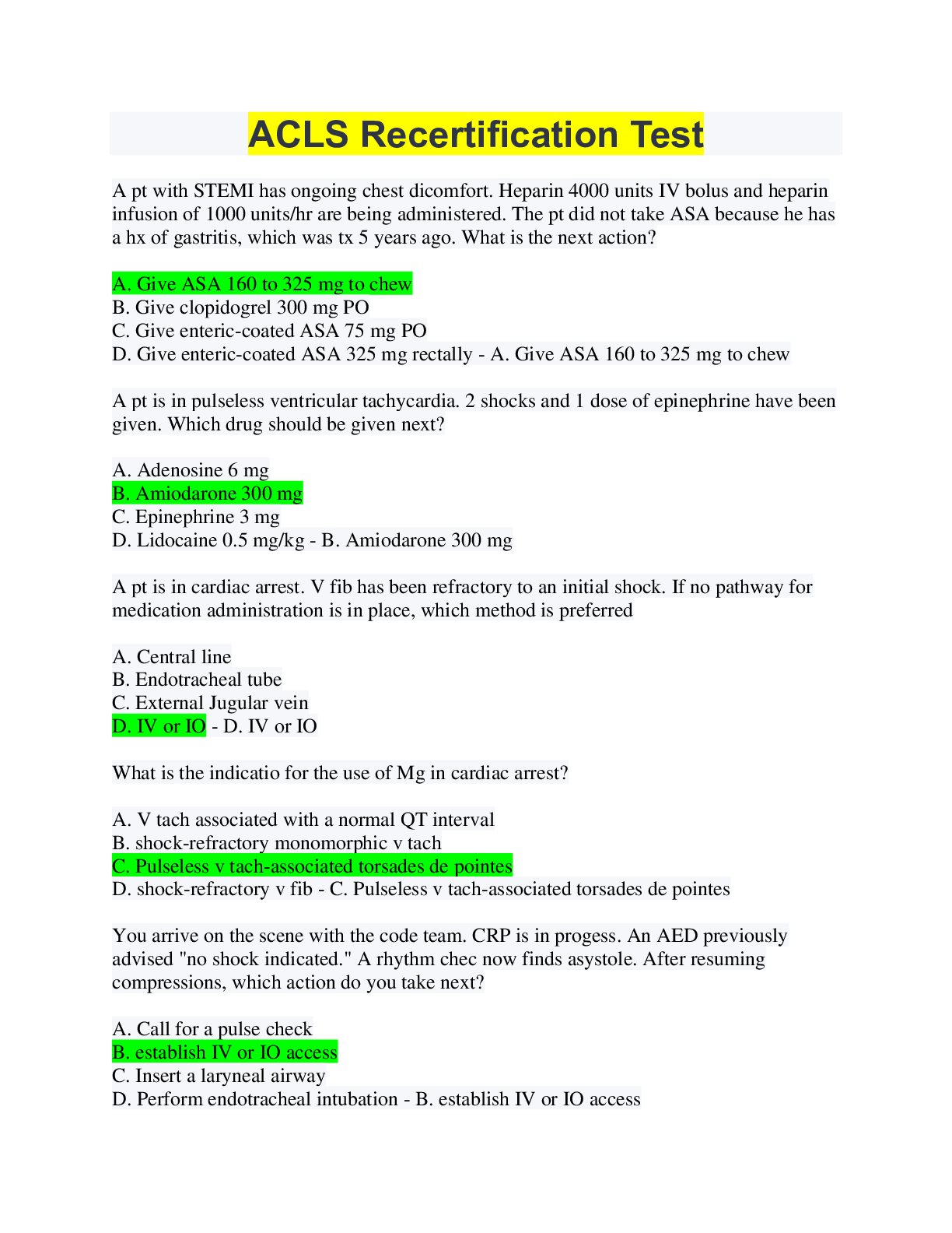Preview image for ACLS Recertification Test, updated 2022.